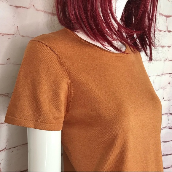 JONES NY PETITE MEDIUM Silk fine ribbed knit caramel brown short sleeve top MP - Picture 3 of 12
